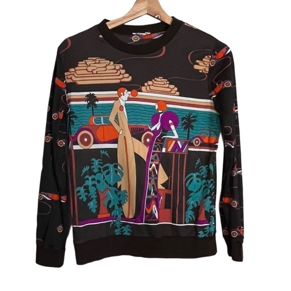 Vintage 70s Art Deco Long Sleeve Top Boardwalk Scene Print Maximalist - Picture 2 of 11